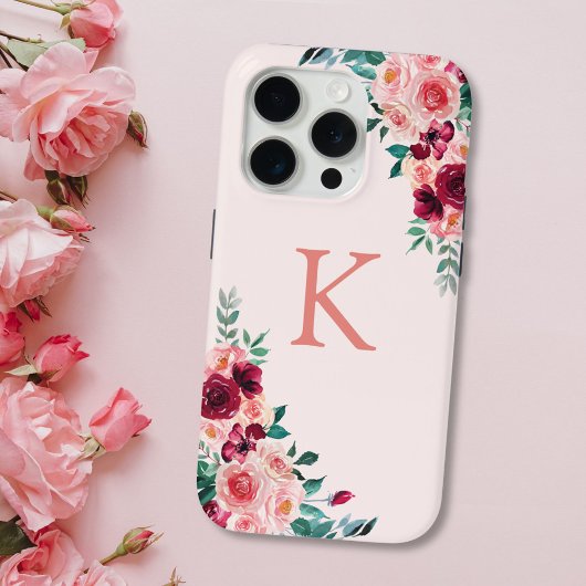 Monogram Waterverf Boho Roze Bourgogne Roos Bloem Case-Mate iPhone Case