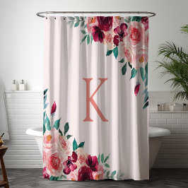 Monogram Waterverf Boho Roze Bourgogne Roos Bloem Douchegordijn