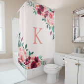 Monogram Waterverf Boho Roze Bourgogne Roos Bloem Douchegordijn (In situ)