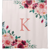 Monogram Waterverf Boho Roze Bourgogne Roos Bloem Douchegordijn (Voorkant)