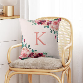 Monogram Waterverf Boho Roze Bourgogne Roos Bloem Kussen