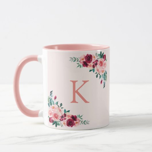 Monogram Waterverf Boho Roze Bourgogne Roos Bloem Mok (Links)