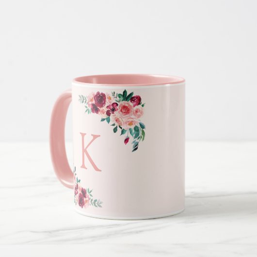 Monogram Waterverf Boho Roze Bourgogne Roos Bloem Mok (Voorkant links)