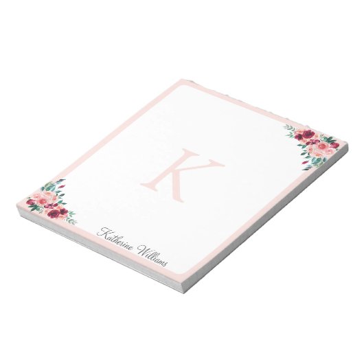 Monogram Waterverf Boho Roze Bourgogne Roos Bloem Notitieblok (Linkerzijde)
