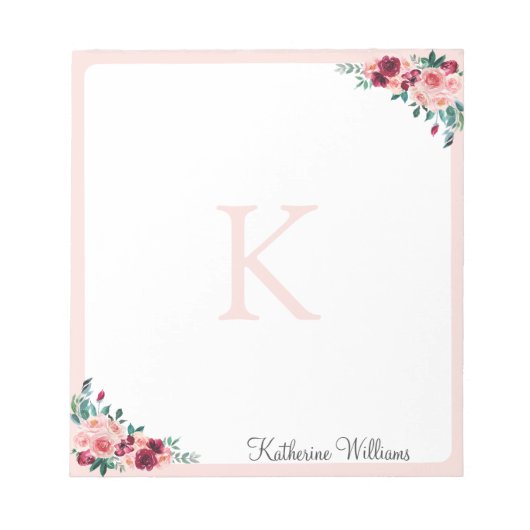 Monogram Waterverf Boho Roze Bourgogne Roos Bloem Notitieblok (Voorkant)