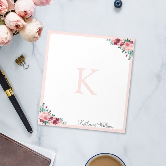 Monogram Waterverf Boho Roze Bourgogne Roos Bloem Notitieblok