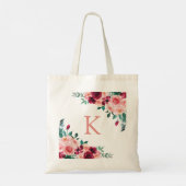 Monogram Waterverf Boho Roze Bourgogne Roos Bloem Tote Bag (Achterkant)