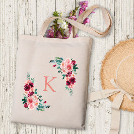 Monogram Waterverf Boho Roze Bourgogne Roos Bloem Tote Bag
