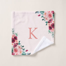 Monogram Waterverf Boho Roze Bourgogne Roos Bloeme Bad Handdoek