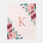 Monogram Waterverf Boho Roze Bourgogne Roos Bloeme Fleece Deken (Voorkant)