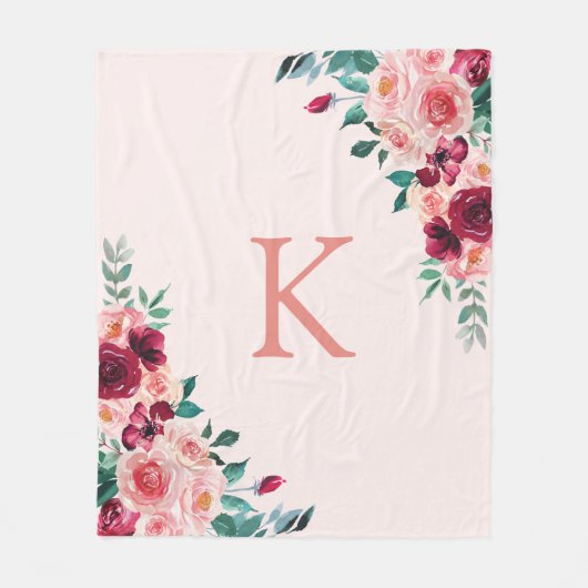 Monogram Waterverf Boho Roze Bourgogne Roos Bloeme Fleece Deken (Voorkant)