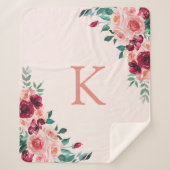 Monogram Waterverf Boho Roze Bourgogne Roos Bloeme Sherpa Deken (Voorkant)