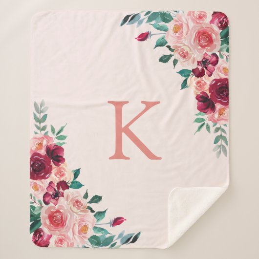 Monogram Waterverf Boho Roze Bourgogne Roos Bloeme Sherpa Deken (Voorkant)
