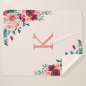 Monogram Waterverf Boho Roze Bourgogne Roos Bloeme Sherpa Deken (Voorkant (horizontaal))