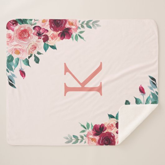 Monogram Waterverf Boho Roze Bourgogne Roos Bloeme Sherpa Deken (Voorkant (horizontaal))