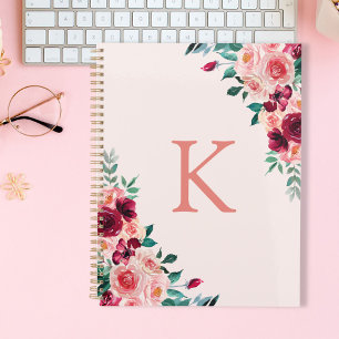 Monogram Waterverf Boho Roze Bourgondië Roos te do Notitieboek