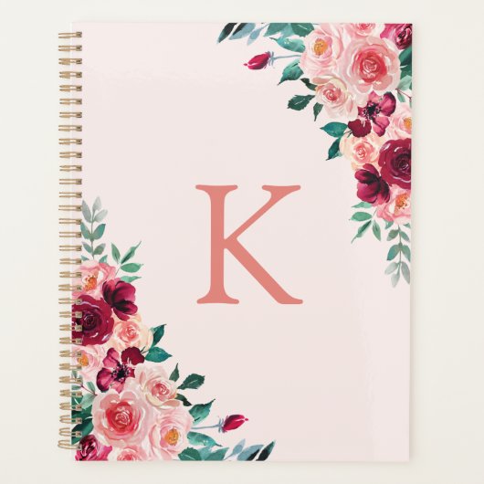 Monogram Waterverf Boho Roze Bourgondië Roos te do Planner (Voorkant)