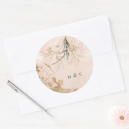 Monogram Waterverf Botanische Eucalyptus Elegant Ronde Sticker (Envelop)