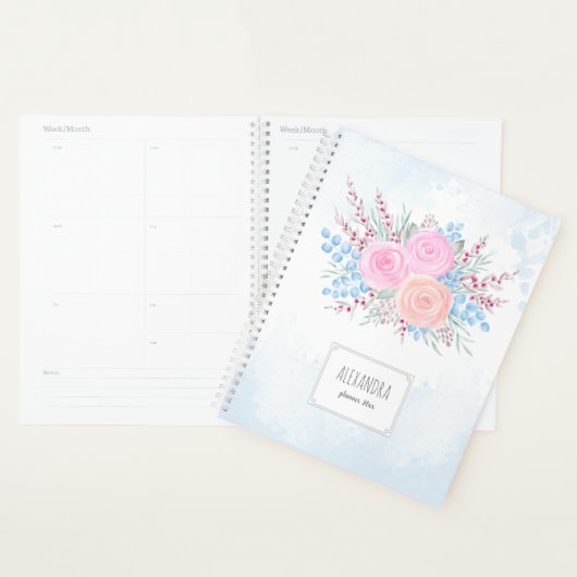 Monogram Waterverf Bouquet Roses Blue druppels Planner (Display)