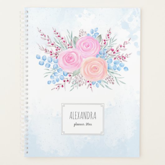 Monogram Waterverf Bouquet Roses Blue druppels Planner (Voorkant)