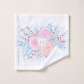 Monogram Waterverf Bouquet Roses Blue Leaves Bad Handdoek (Wasdoekje)