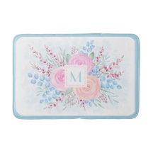 Monogram Waterverf Bouquet Roses Blue Leaves