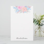 Monogram Waterverf Bouquet Roses Blue Leaves Briefpapier (Staand voorkant)