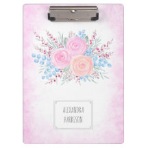 Monogram Waterverf Bouquet Roses Blue Leaves