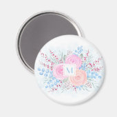 Monogram Waterverf Bouquet Roses Blue Leaves Magneet (Voorkant / Achterkant)