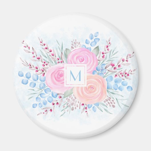 Monogram Waterverf Bouquet Roses Blue Leaves Magneet (Voorkant)