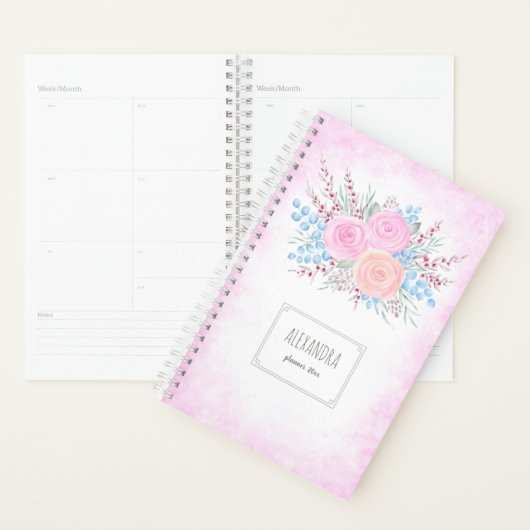 Monogram Waterverf Bouquet Roses Blue Leaves Planner (Display)