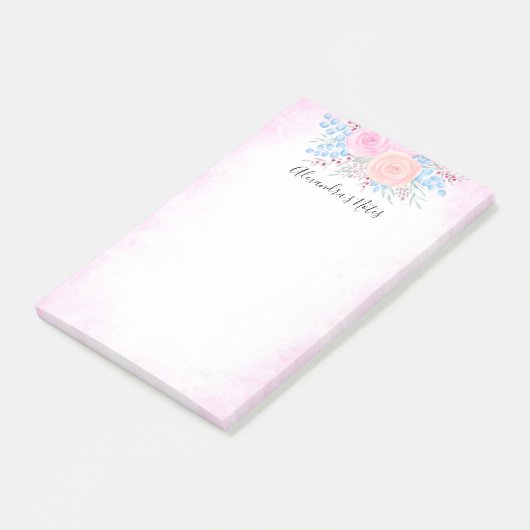 Monogram Waterverf Bouquet Roses Blue Leaves Post-it® Notes (Schuin)