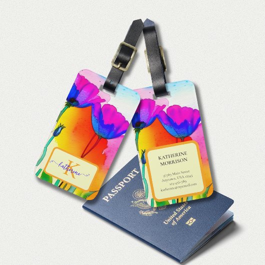 Monogram Waterverf Bright Floral California Poppy Bagagelabel