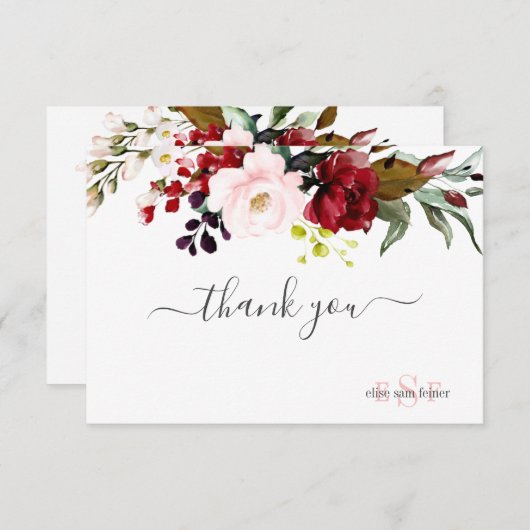 Monogram Waterverf Burgundy Blush Rozen Bedankkaart (Voorkant / Achterkant)