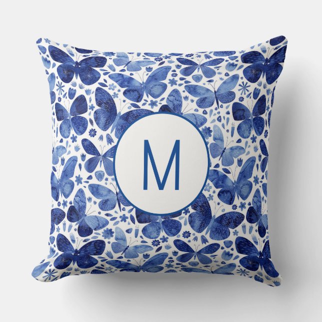 Monogram Waterverf Butterfly Blue Kussen (Voorkant)
