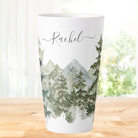 Monogram Waterverf Dennenbos Berg Esthetisch Latte Mok