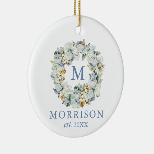 Monogram Waterverf Dusty Blue Floral Wreate Keramisch Ornament (Rechts)