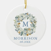 Monogram Waterverf Dusty Blue Floral Wreate Keramisch Ornament (Voorkant)