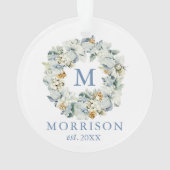 Monogram Waterverf Dusty Blue Floral Wreate Ornament (achterkant)