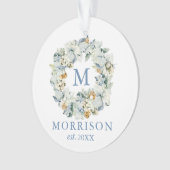 Monogram Waterverf Dusty Blue Floral Wreate Ornament (voorkant)