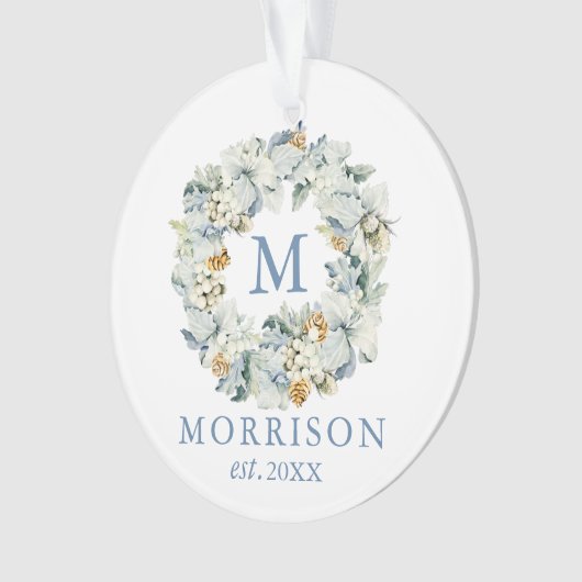 Monogram Waterverf Dusty Blue Floral Wreate Ornament (voorkant)