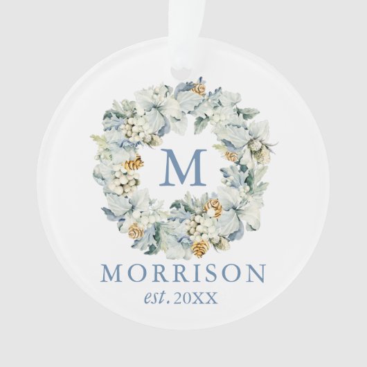 Monogram Waterverf Dusty Blue Floral Wreate Ornament (voorkant)