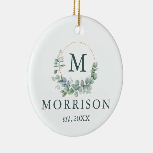 Monogram Waterverf Eucalyptus Pas getrouwd Keramisch Ornament (Rechts)