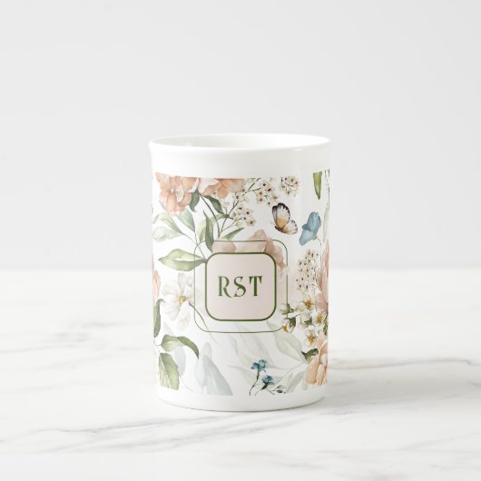 Monogram Waterverf Floral 10oz. Porselein Kop (Voorkant)