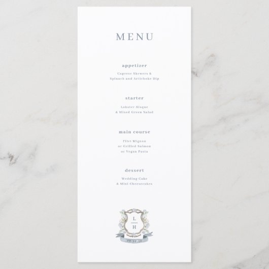 Monogram Waterverf Floral Crest Bruiloft Menu (Voorkant)
