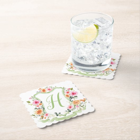 Monogram Waterverf Floral Crest, roze groen Kartonnen Onderzetters (Insitu)