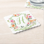 Monogram Waterverf Floral Crest, roze groen Kartonnen Onderzetters (Gebogen)