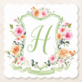 Monogram Waterverf Floral Crest, roze groen Kartonnen Onderzetters (Voorkant)