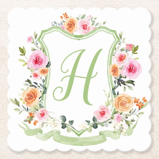 Monogram Waterverf Floral Crest, roze groen Kartonnen Onderzetters (Voorkant)