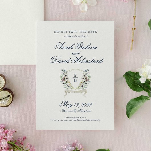 Monogram Waterverf Floral Crest sparen de Datum Save The Date